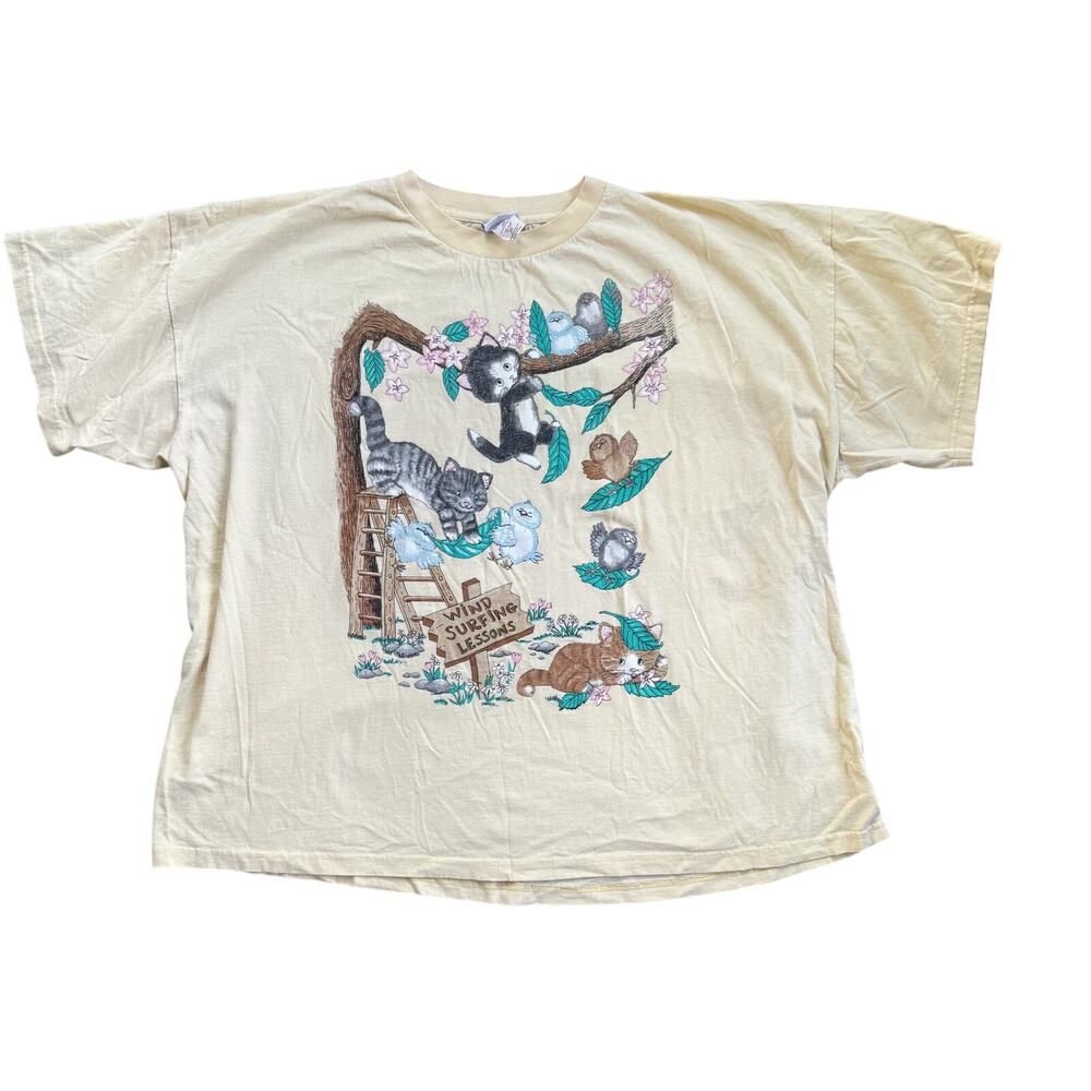 Vtg 1990s Basic Editions Cat and Kitten Wind Surfing Tshirt 2XL